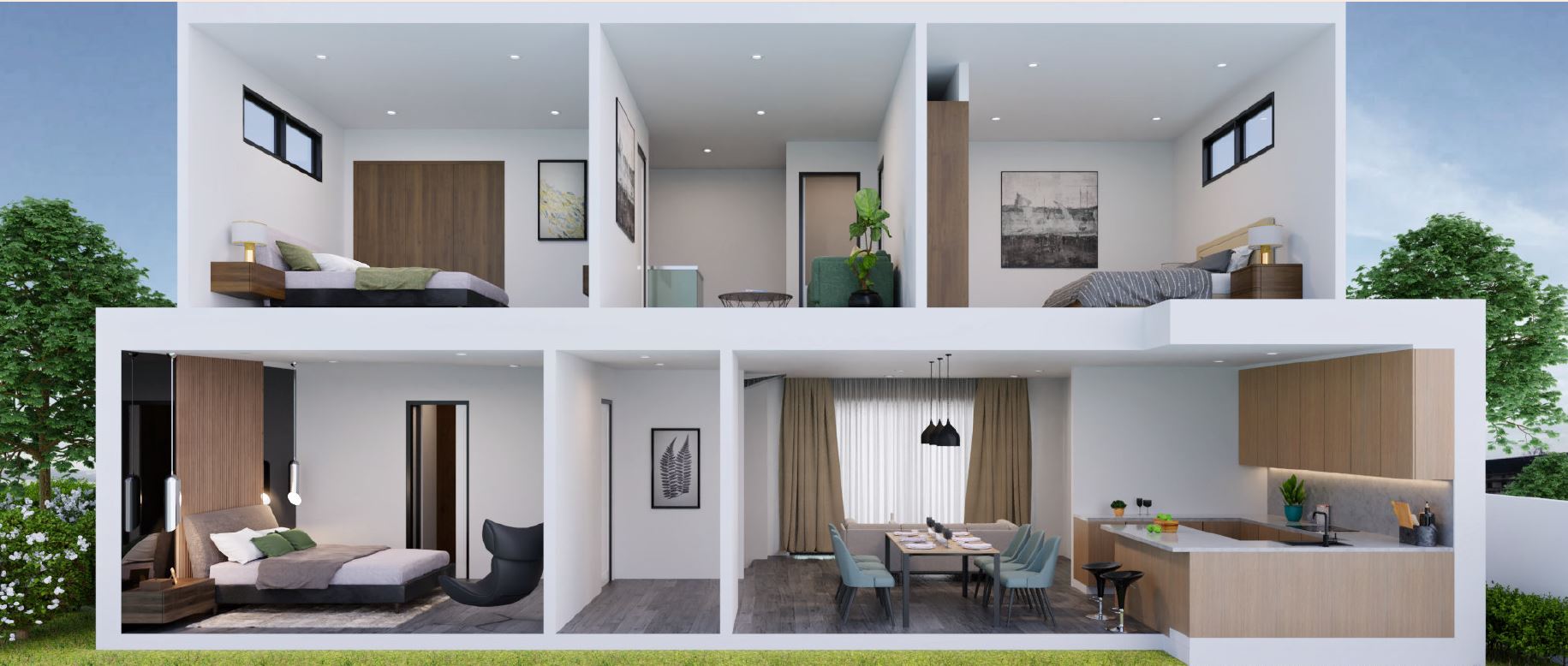 3D floor plan layout for an off-the-plan Melbourne townhouse