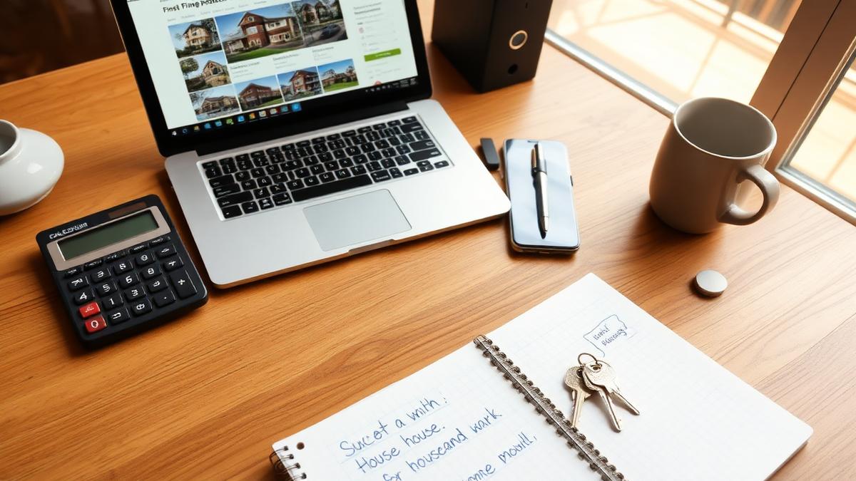 First-time investor workspace with laptop, calculator and house keys